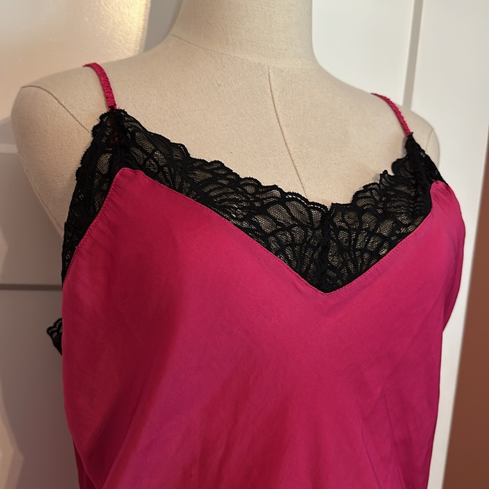 Josie NATORI 2-piece cami shorts hot pink & black lace L polyester pajamas - Picture 2 of 13